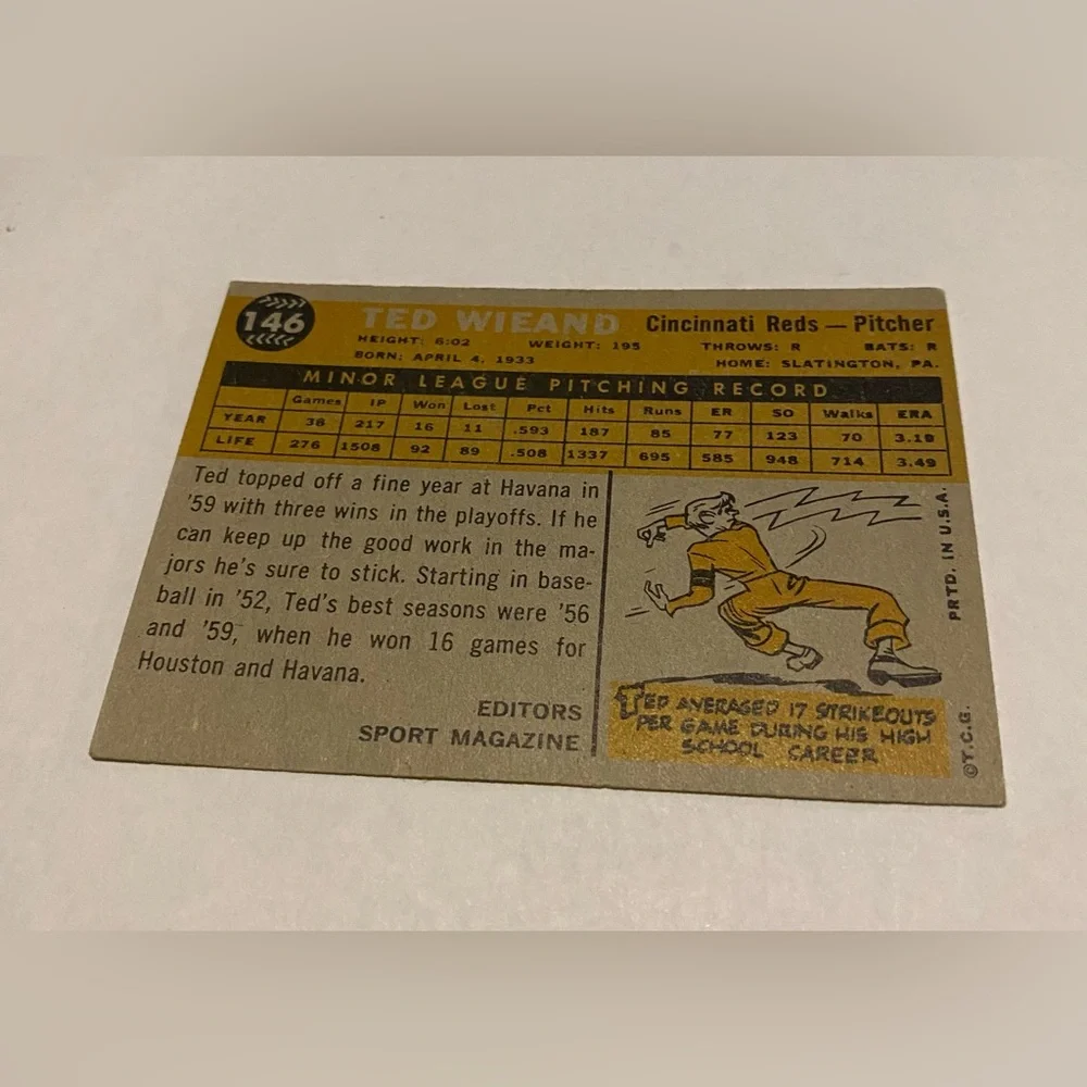 Ted Wieand 1960 Rookie Star Topps Baseball Card Vintage Collectible